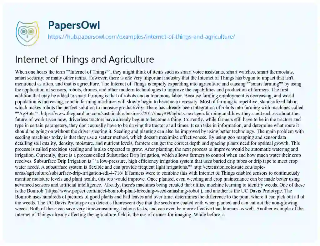 Essay on Internet of Things and Agriculture