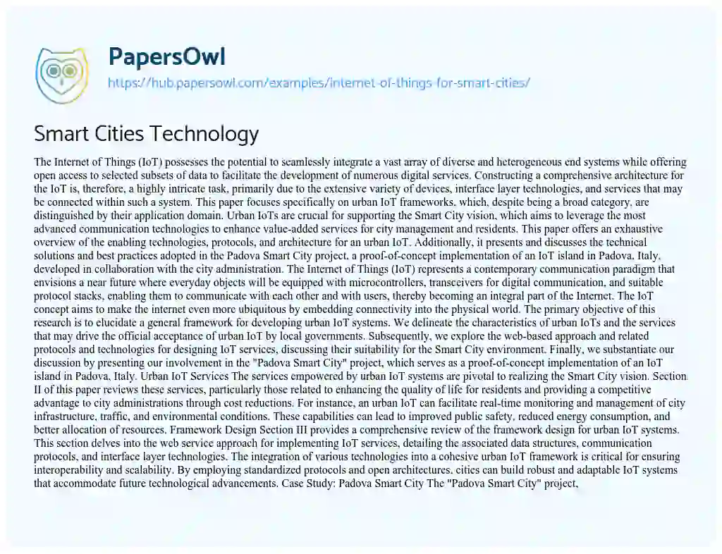 Essay on Smart Cities Technology