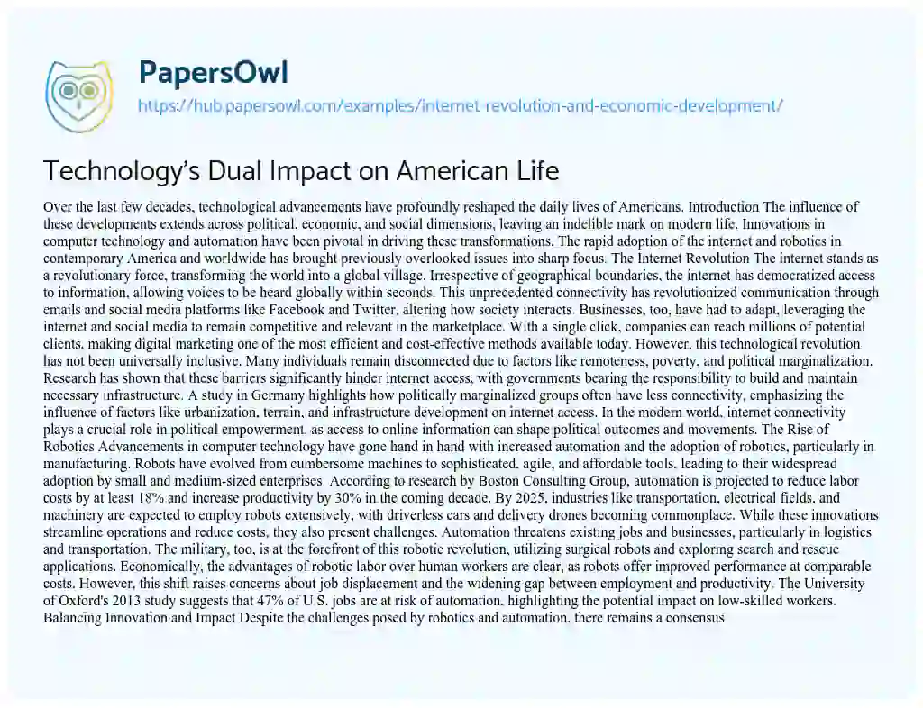 Essay on Technology’s Dual Impact on American Life