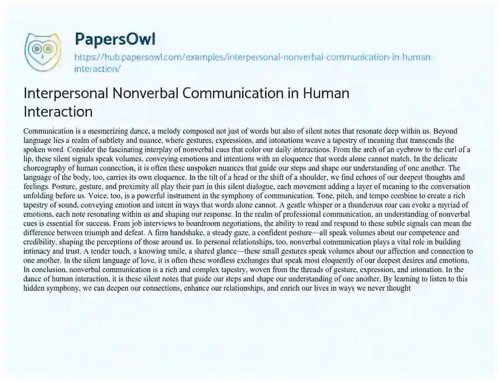 Essay on Interpersonal Nonverbal Communication in Human Interaction