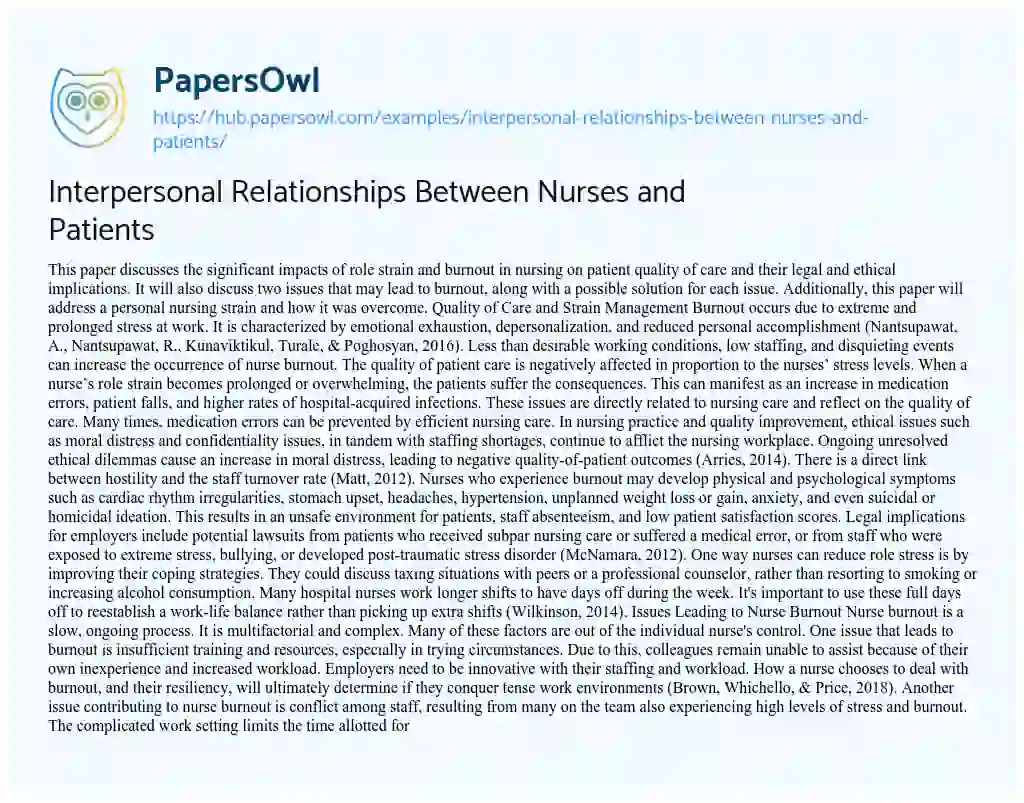 Essay on Interpersonal Relationships Between Nurses and Patients