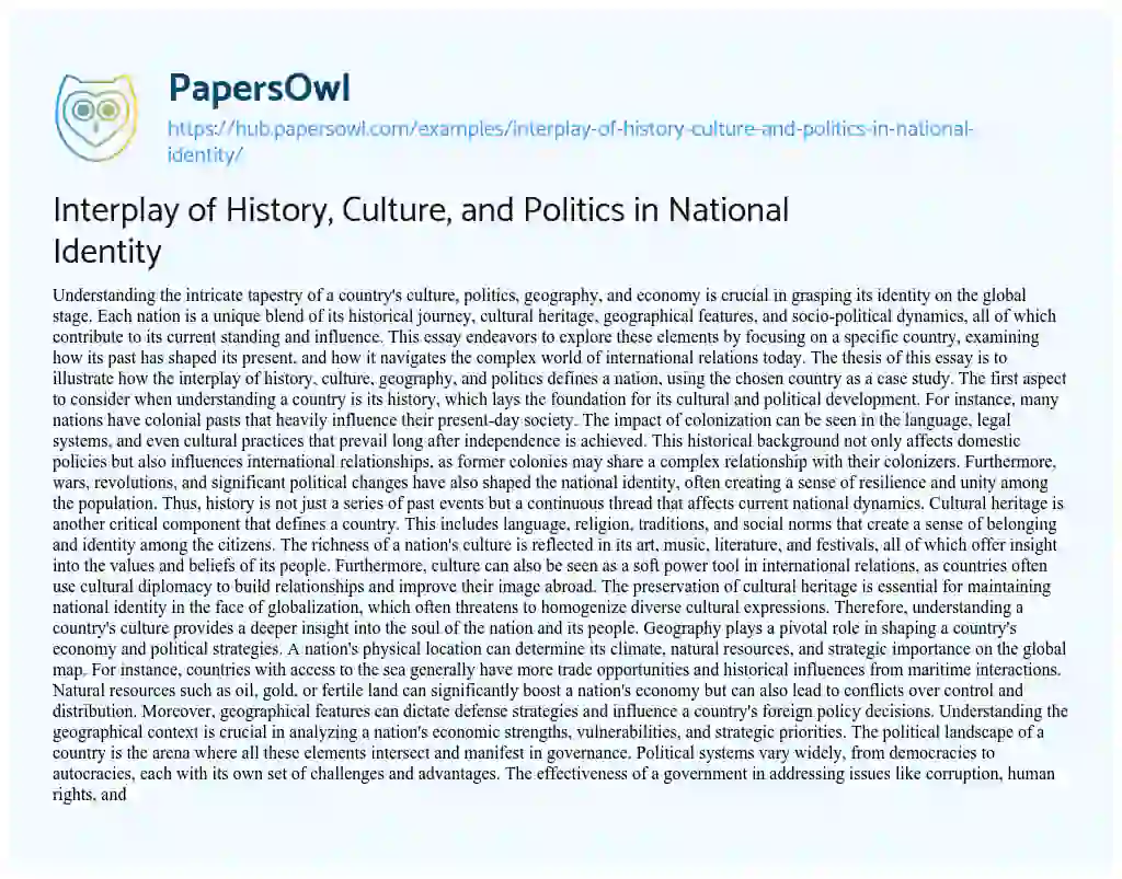 Essay on Interplay of History, Culture, and Politics in National Identity