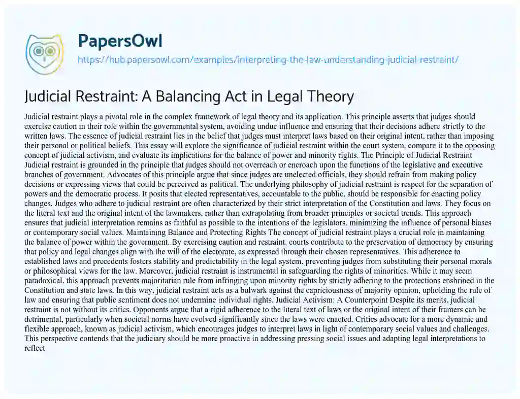 Essay on Judicial Restraint: A Balancing Act in Legal Theory