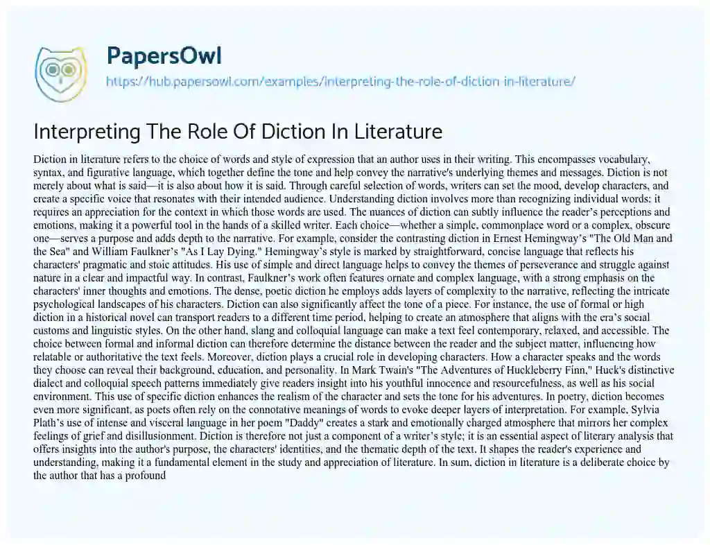 Essay on Interpreting The Role Of Diction In Literature