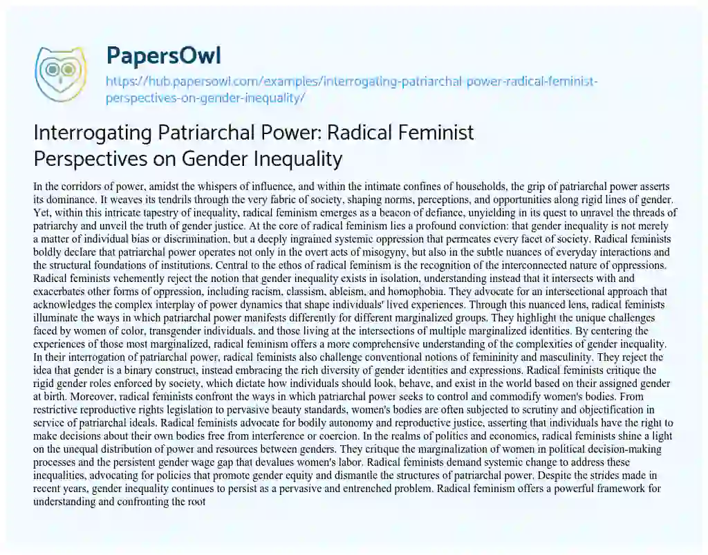 Essay on Interrogating Patriarchal Power: Radical Feminist Perspectives on Gender Inequality