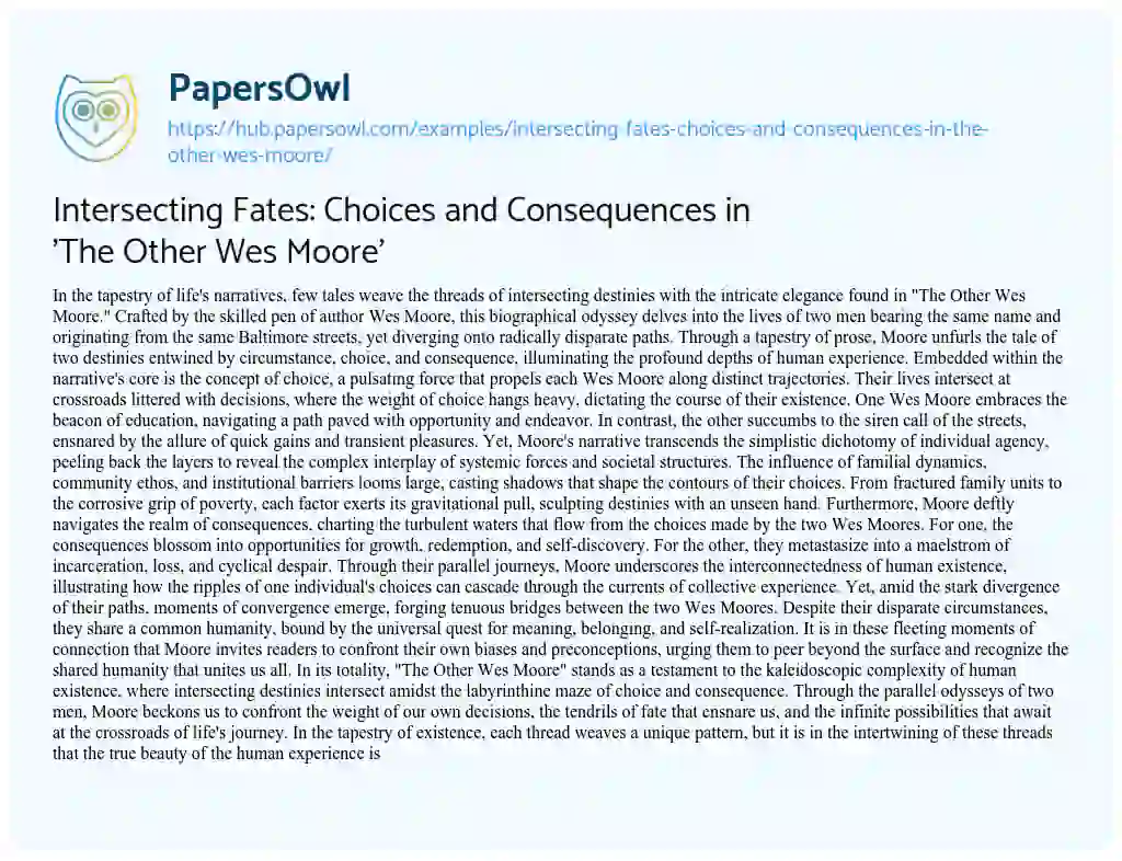 Essay on Intersecting Fates: Choices and Consequences in ‘The Other Wes Moore’
