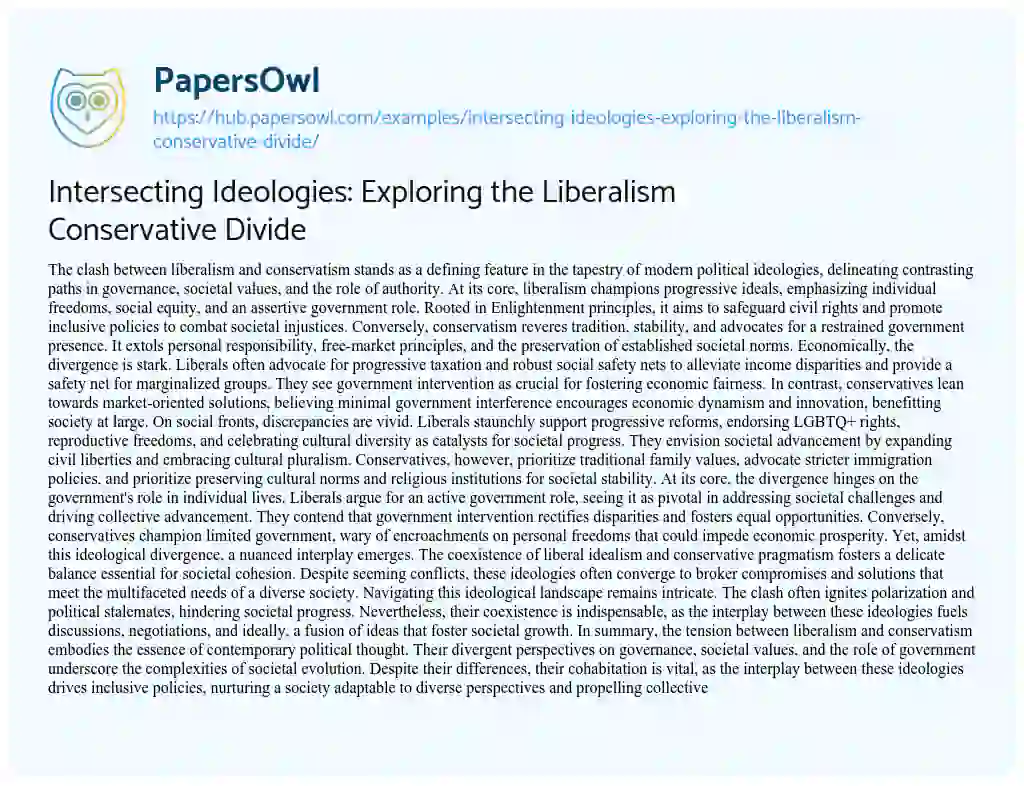 Essay on Intersecting Ideologies: Exploring the Liberalism Conservative Divide