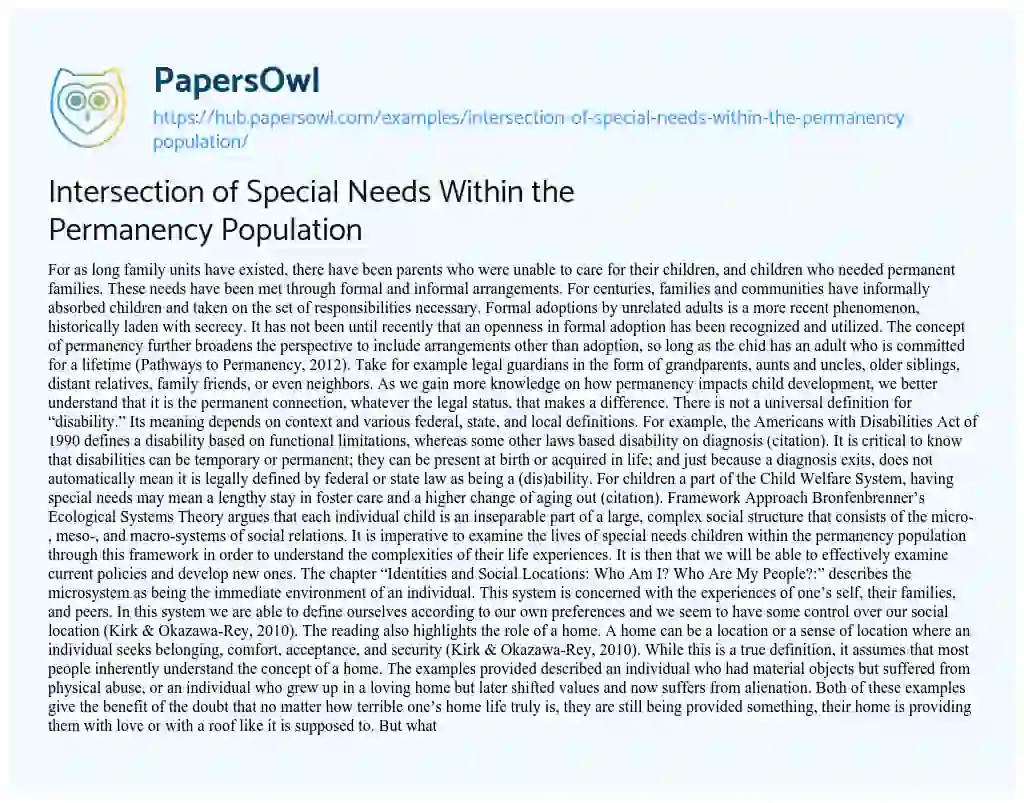 Essay on Intersection of Special Needs Within the Permanency Population