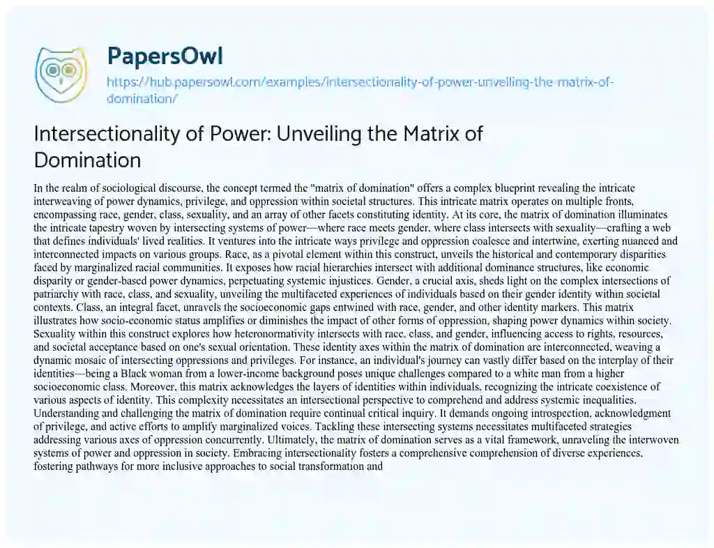 Essay on Intersectionality of Power: Unveiling the Matrix of Domination