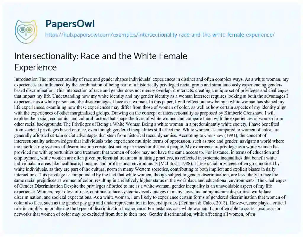 Essay on Intersectionality: Race and the White Female Experience