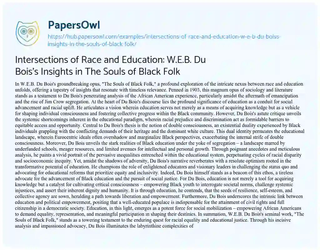 Essay on Intersections of Race and Education: W.E.B. Du Bois’s Insights in The Souls of Black Folk