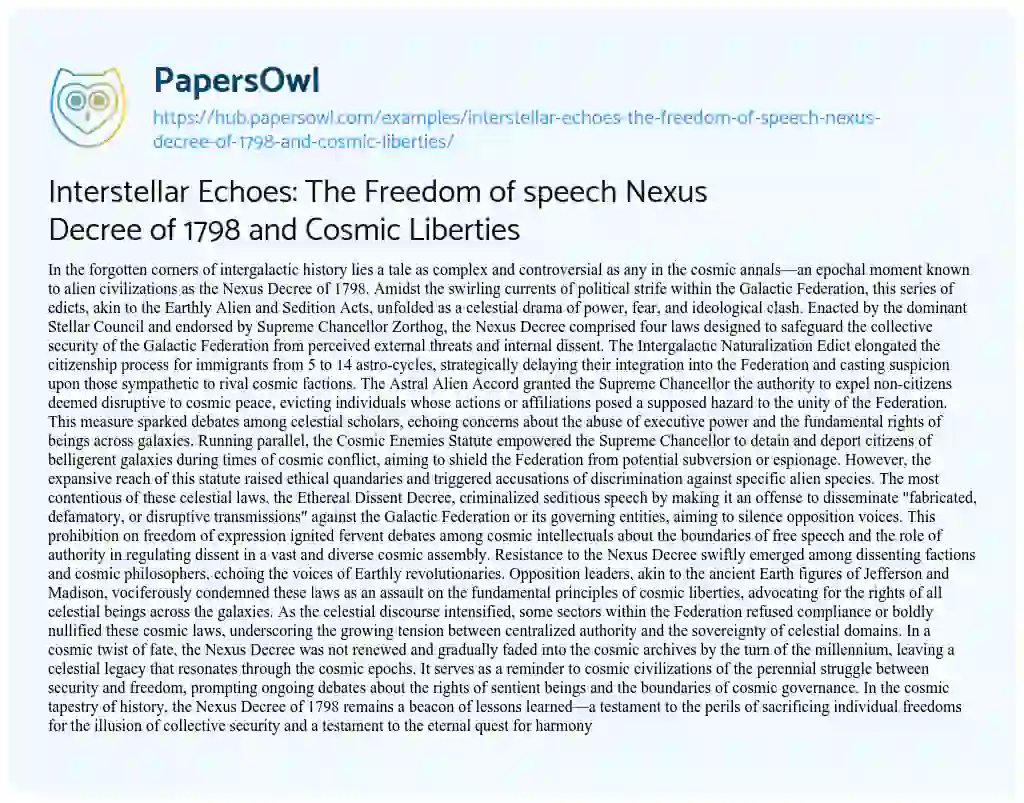 Essay on Interstellar Echoes: The Freedom of speech Nexus Decree of 1798 and Cosmic Liberties