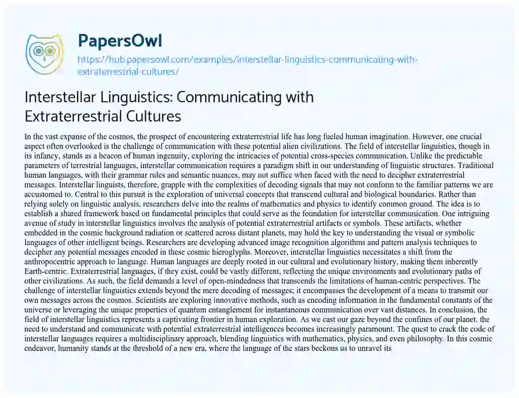 Essay on Interstellar Linguistics: Communicating with Extraterrestrial Cultures