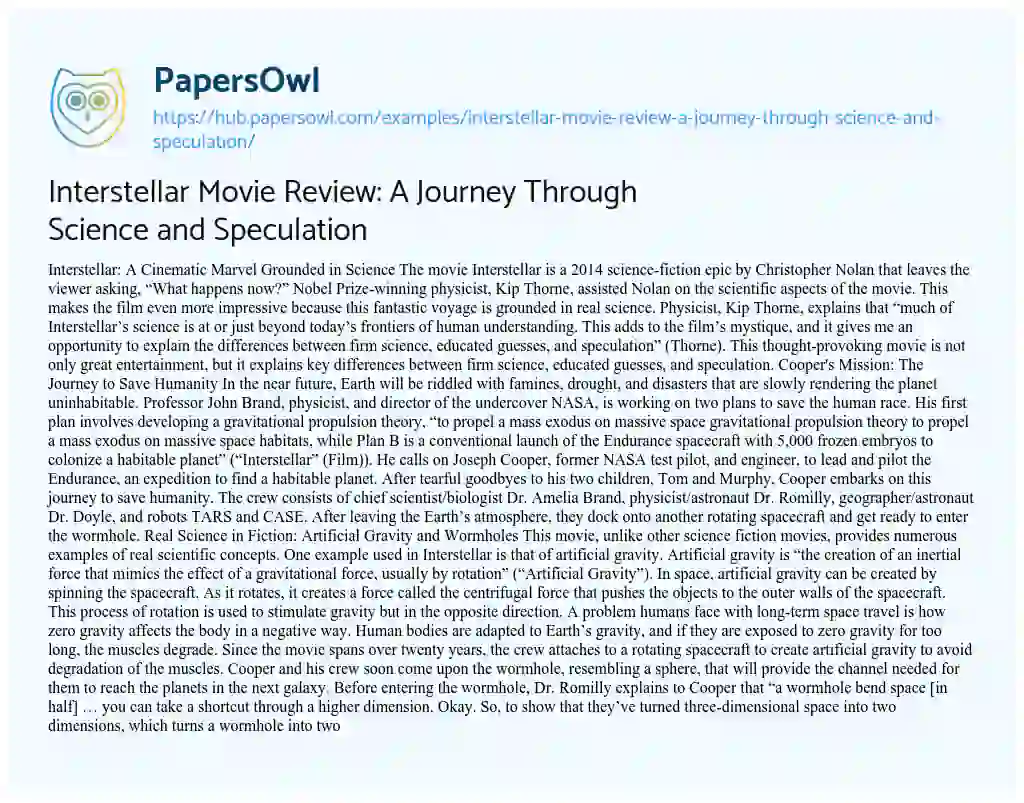 Essay on Interstellar Movie Review: A Journey Through Science and Speculation