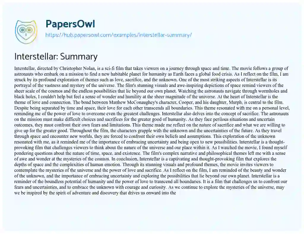 Essay on Interstellar: Summary