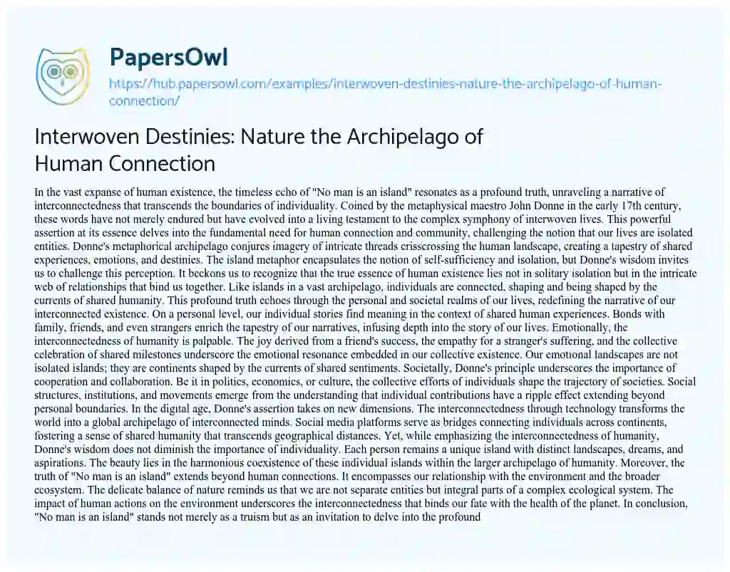 Essay on Interwoven Destinies: Nature the Archipelago of Human Connection
