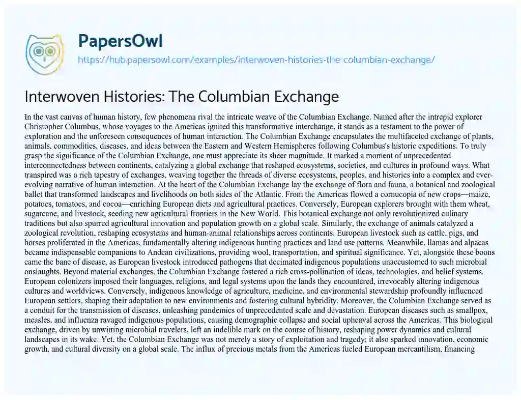 Essay on Interwoven Histories: The Columbian Exchange
