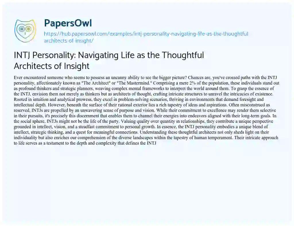 Essay on INTJ Personality: Navigating Life as the Thoughtful Architects of Insight