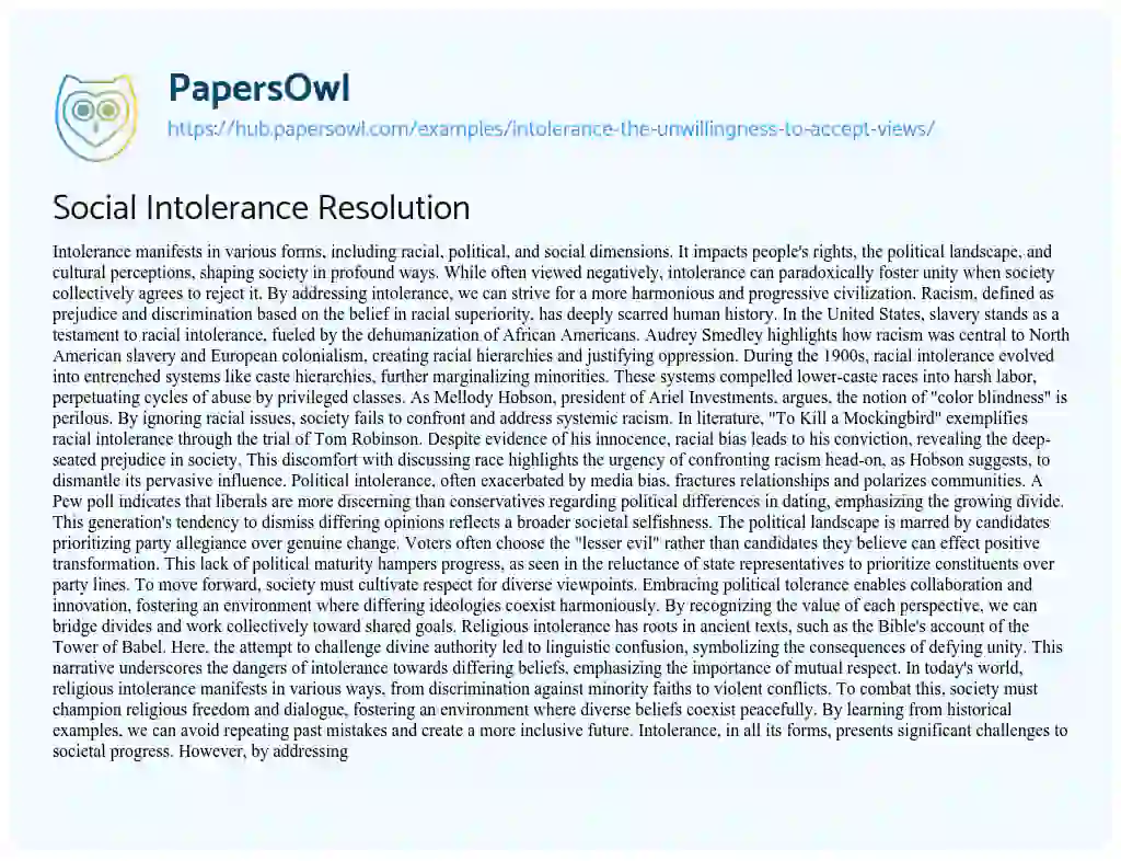 Essay on Social Intolerance Resolution