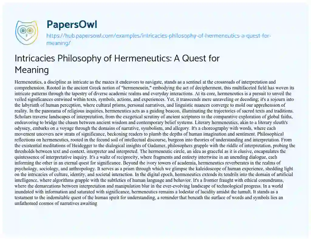 Essay on Intricacies Philosophy of Hermeneutics: A Quest for Meaning