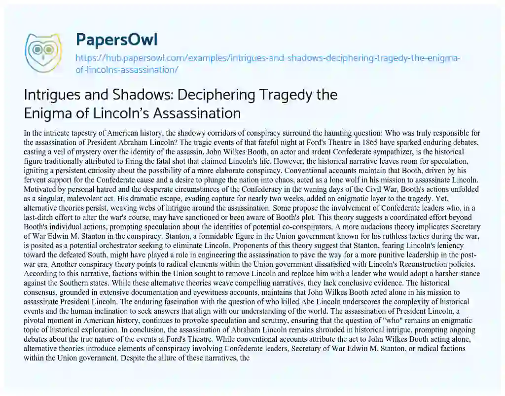 Essay on Intrigues and Shadows: Deciphering Tragedy the Enigma of Lincoln’s Assassination