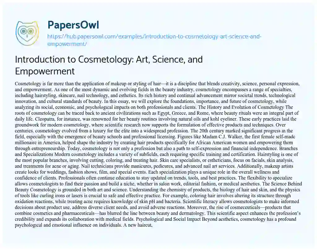 Essay on Introduction to Cosmetology: Art, Science, and Empowerment