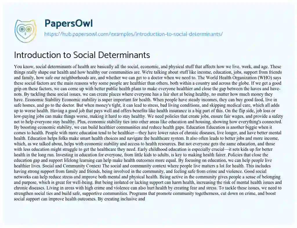 Essay on Introduction to Social Determinants