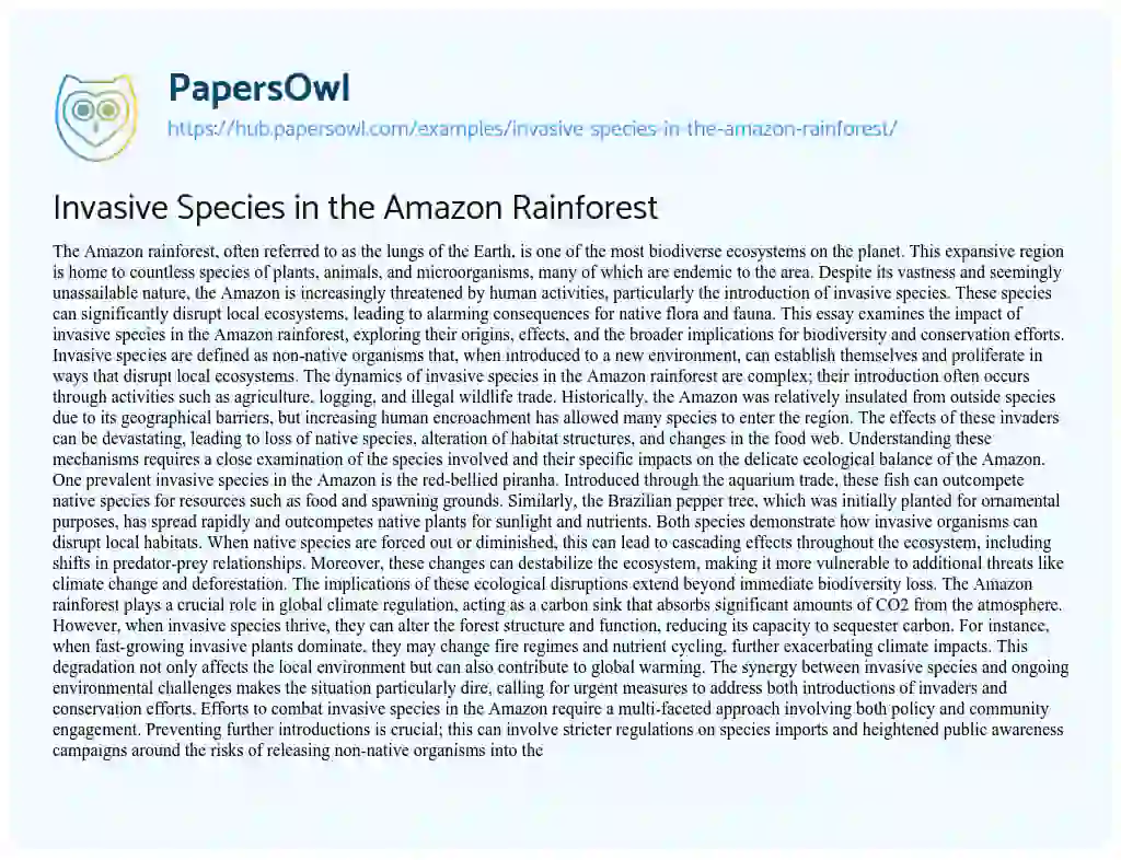 Essay on Invasive Species in the Amazon Rainforest