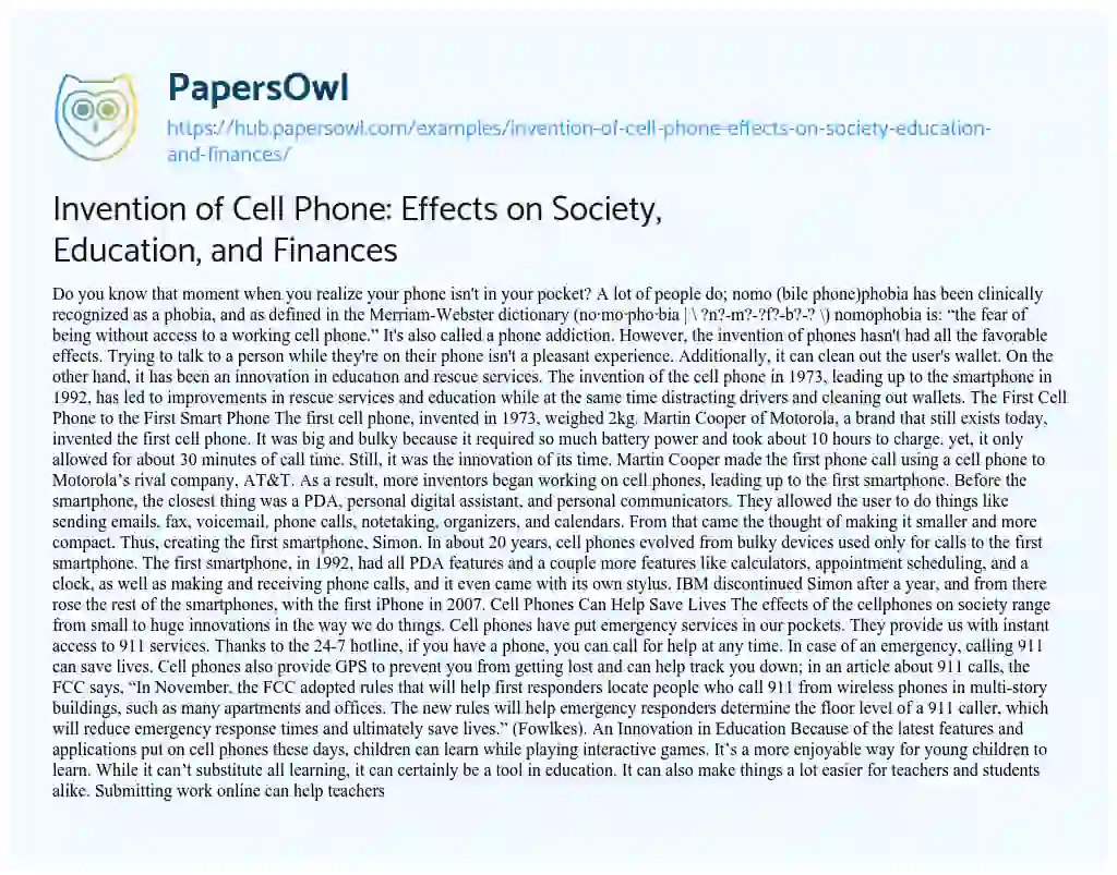 Essay on Invention of Cell Phone: Effects on Society, Education, and Finances