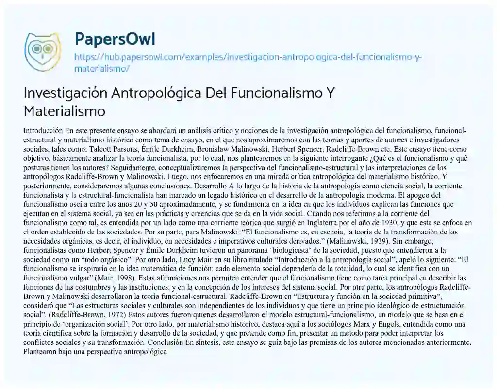 Essay on Investigación Antropológica Del Funcionalismo Y Materialismo
