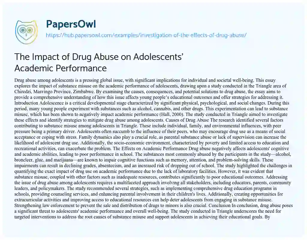Essay on The Impact of Drug Abuse on Adolescents’ Academic Performance