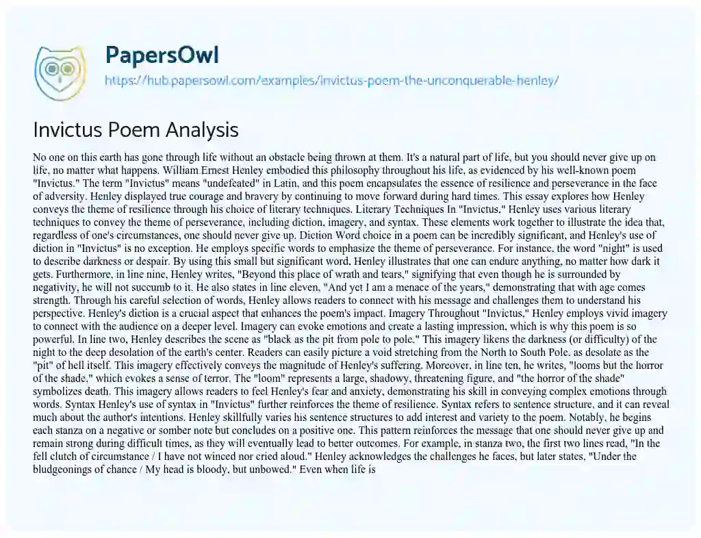 Essay on Invictus Poem Analysis