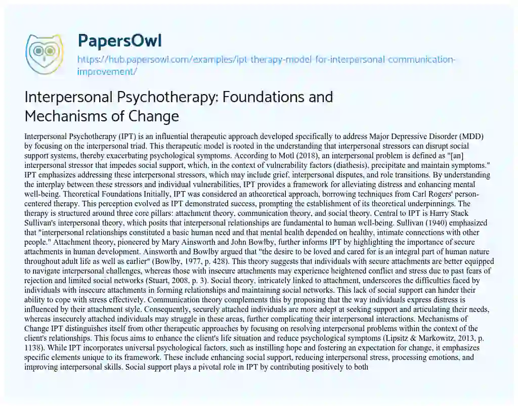 Essay on Interpersonal Psychotherapy: Foundations and Mechanisms of Change