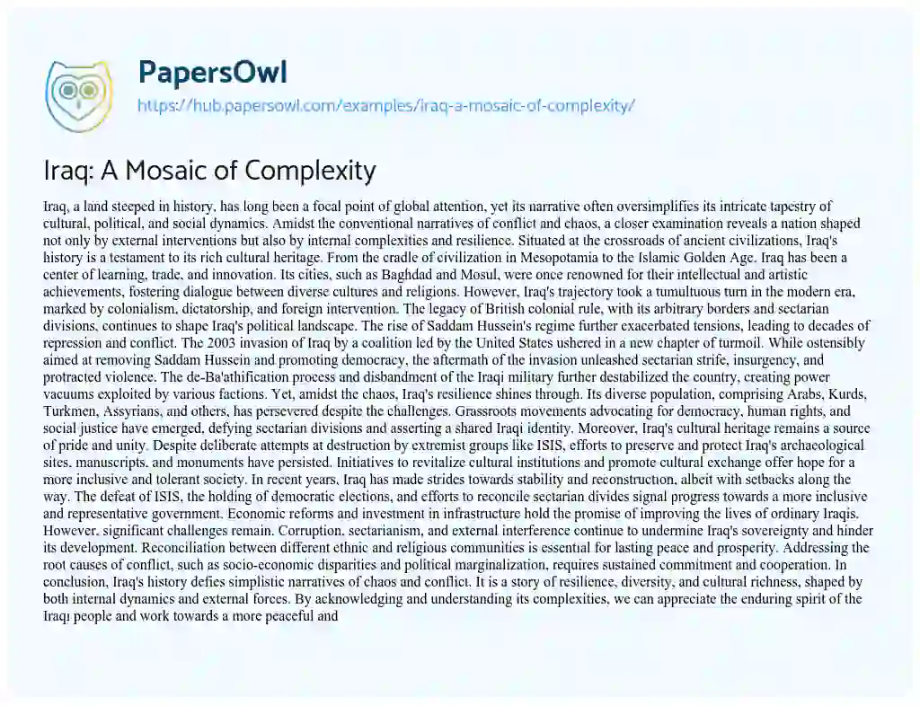 Essay on Iraq: A Mosaic of Complexity