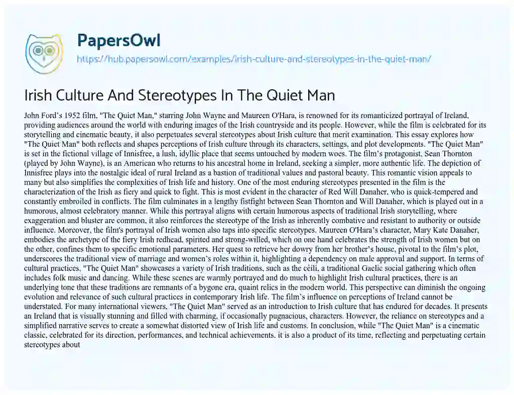 Essay on Irish Culture And Stereotypes In The Quiet Man