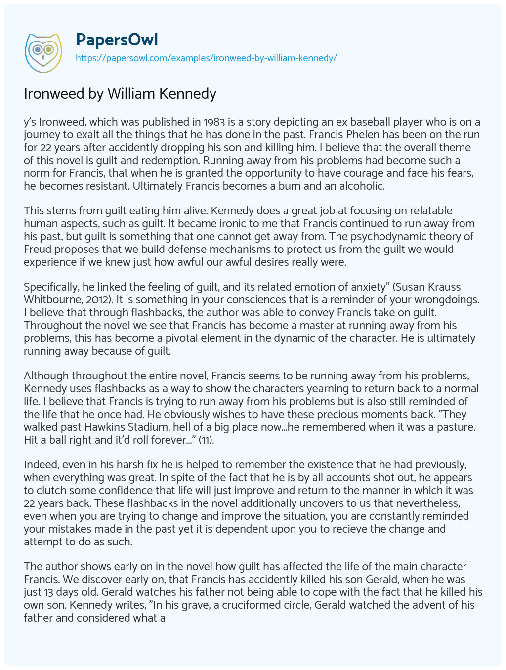 Essay on Ironweed by William Kennedy