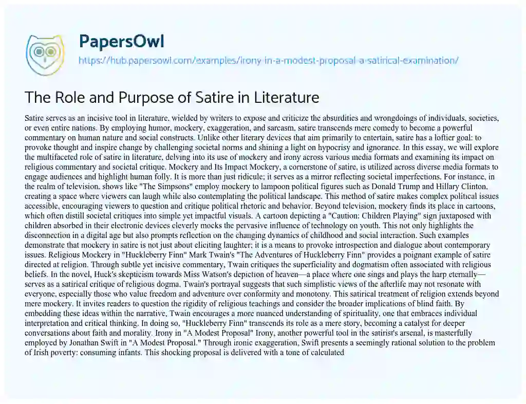 Essay on The Role and Purpose of Satire in Literature