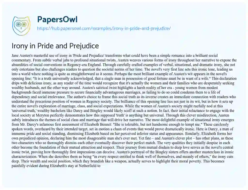 Essay on Irony in Pride and Prejudice