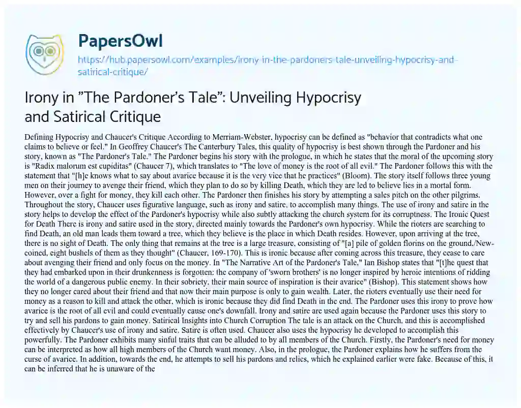 Essay on Irony in “The Pardoner’s Tale”: Unveiling Hypocrisy and Satirical Critique