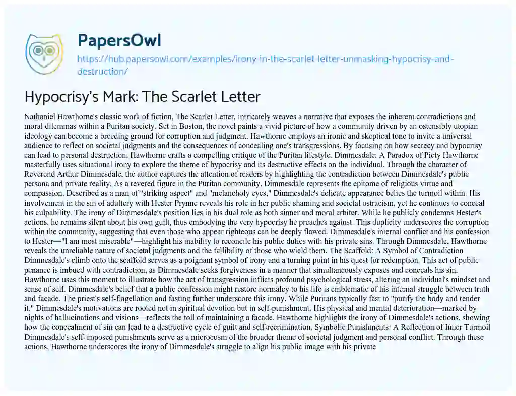 Essay on Hypocrisy’s Mark: The Scarlet Letter