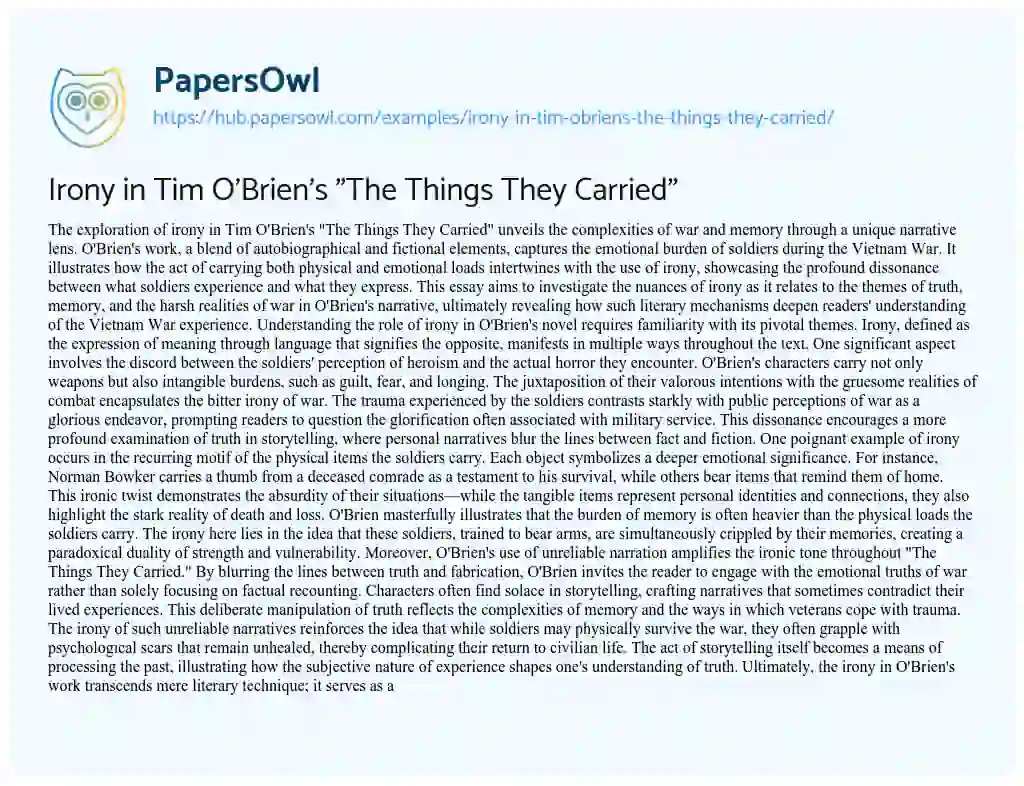 Essay on Irony in Tim O’Brien’s “The Things They Carried”