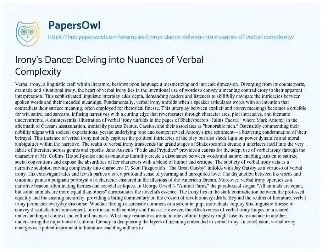 Essay on Irony’s Dance: Delving into Nuances of Verbal Complexity