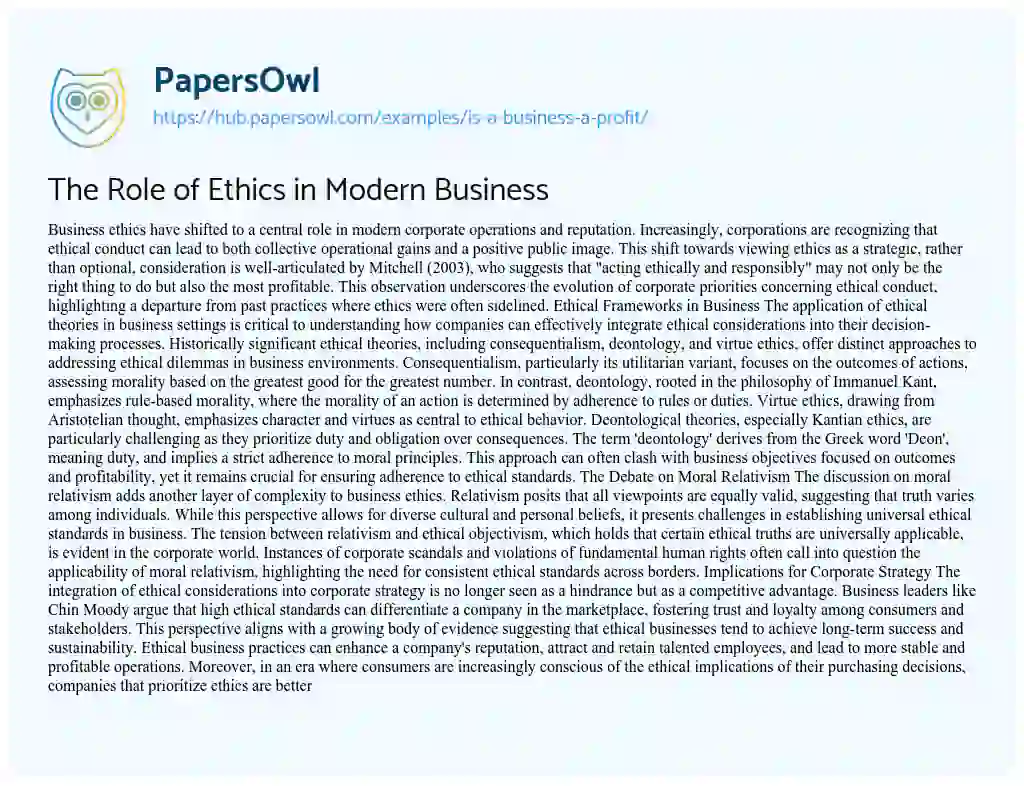 Essay on The Role of Ethics in Modern Business