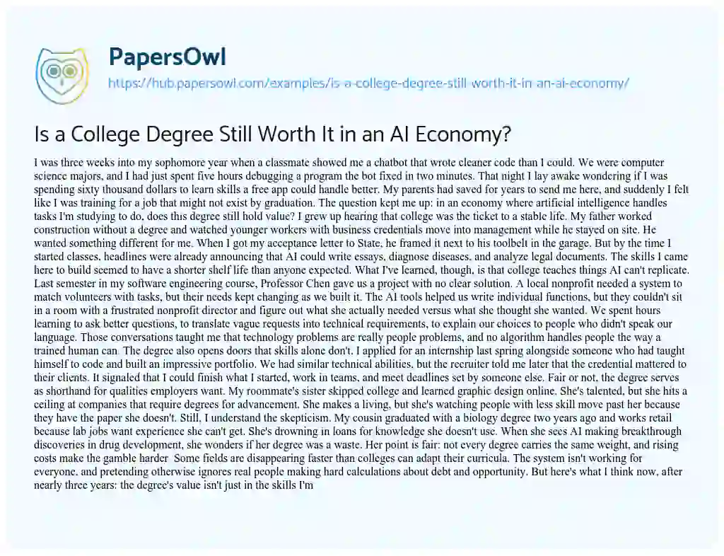 Essay on Is a College Degree Still Worth It in an AI Economy?