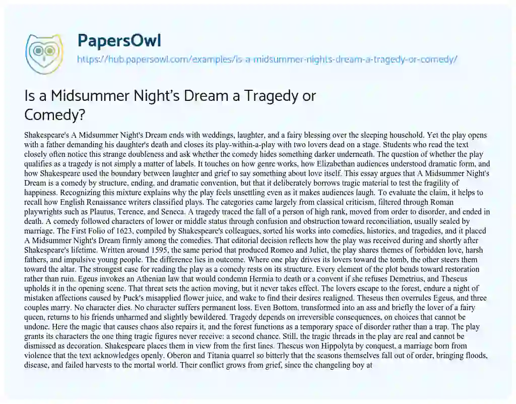 Essay on Is a Midsummer Night’s Dream a Tragedy or Comedy?