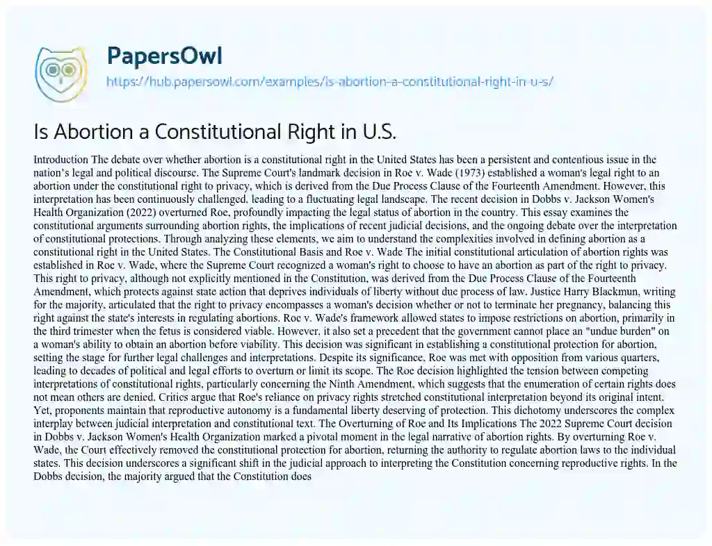 Essay on Is Abortion a Constitutional Right in U.S.