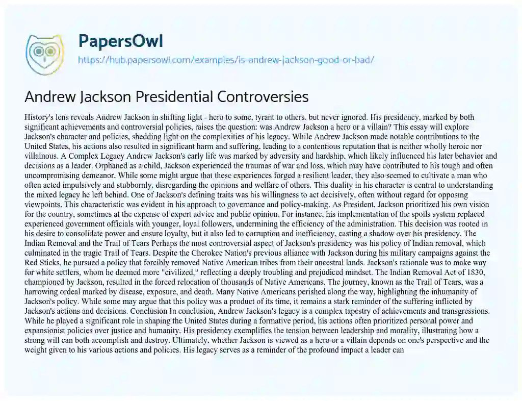 Essay on Andrew Jackson Presidential Controversies