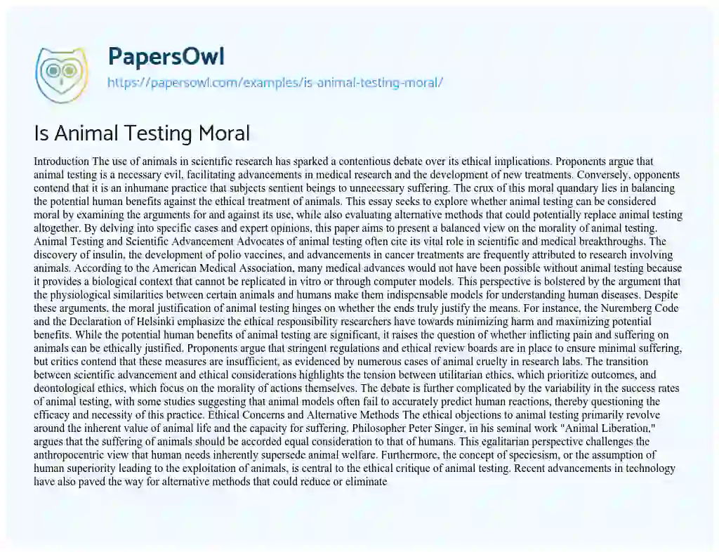 Essay on Is Animal Testing Moral