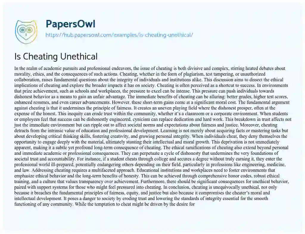 Essay on Is Cheating Unethical