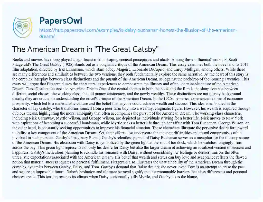 Essay on The American Dream in “The Great Gatsby”